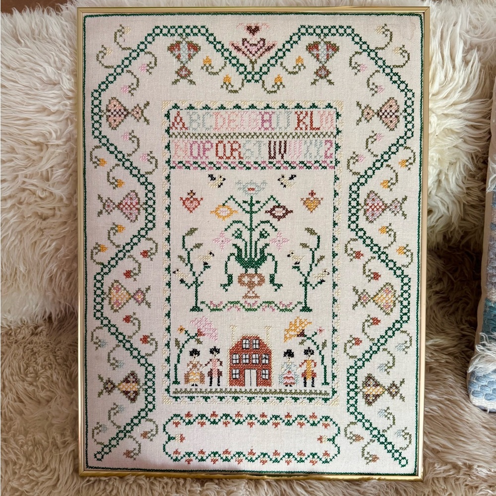 Vintage Handmade Cross Stitch Framed Cottage Inspired Art